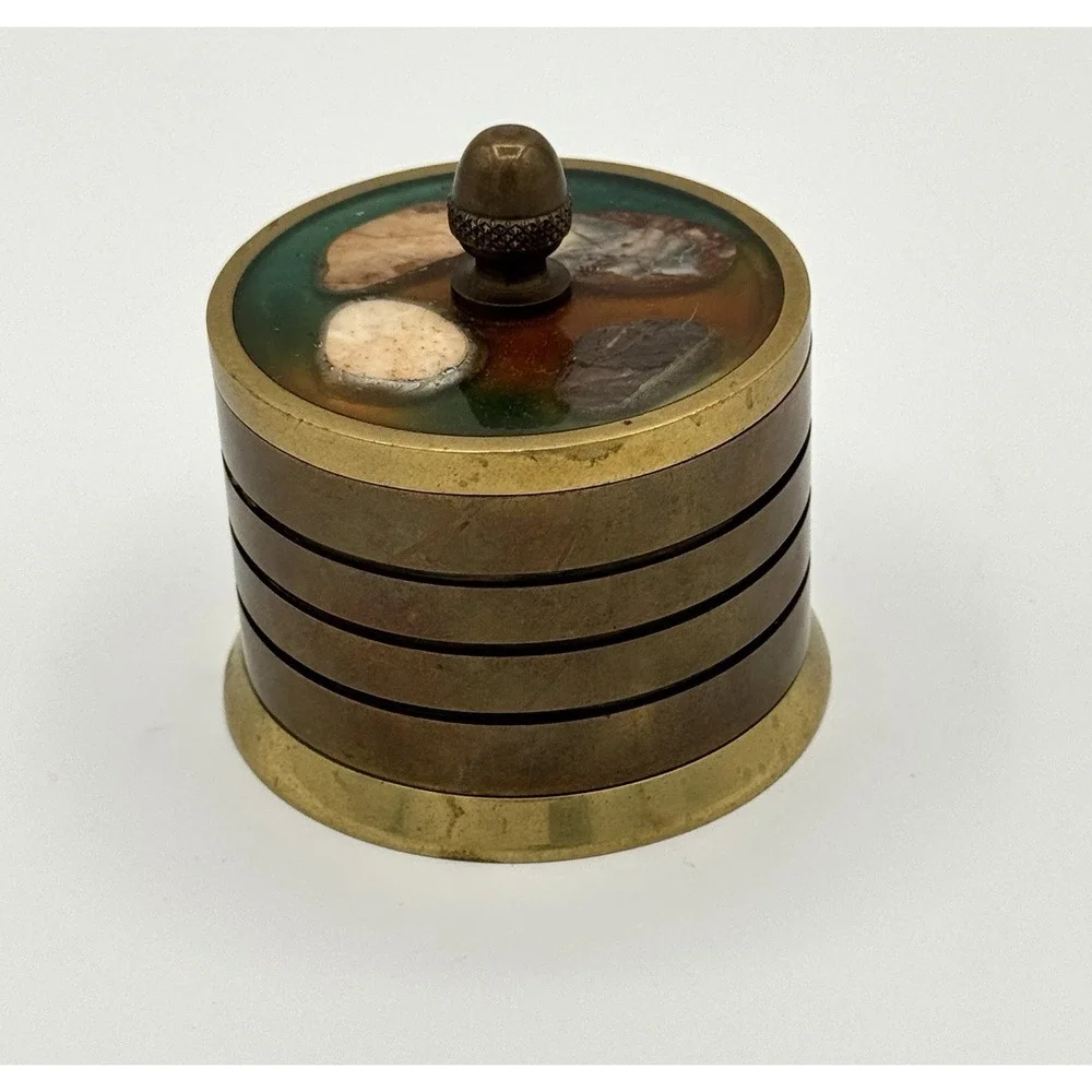 Vintage Brass Trinket Box with Stone Inlaid Lid Stepped Banded Design Acorn
